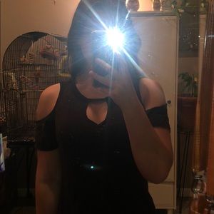 Black shoulder cut out top with splash holes